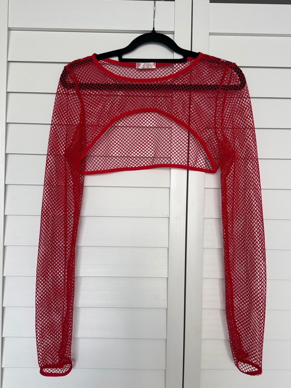 Sheer Red Fishnet Long-Sleeve Crop Top - (Brand: )
